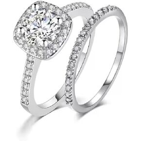 925 Sterling Silver 18K White Gold Finish 2 Ct Round Cut White Diamond Halo Bridal Wedding Ring Set with Half Eternity Band for Women