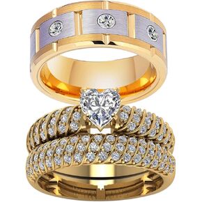 ringheart 2 Rings Couple Rings Bridal Sets Yellow Gold Plated Heart Cz Womens Wedding Ring Sets Titanium Steel Man Wedding Bands