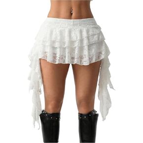 Women's Floral Lace Layered Ruffle Mini Skirt Low Rise Asymmetrical Going Out Skirts