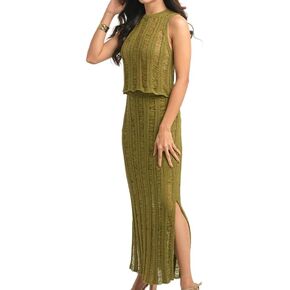 Skirt Sets Women 2 Piece Outfits in Large Size with Olive Green Color | Maxi Skirt Set with Sleevless Crop Tops & Midi Skirts | Two Piece Set Women in Open-Knit Design & Vertical slit
