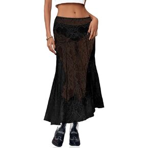 Cicy Bell Womens Summer Lace Maxi Skirt Elastic Waist See-Through Asymmetric Hem Beach Cover Up Long Skirt