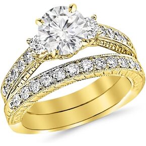 14K أبيض الذهب 1.53 CTW Round Cut Three Stone Vintage مع Milgrain & Filigree Bridal مع مجموعة زفاف وماس