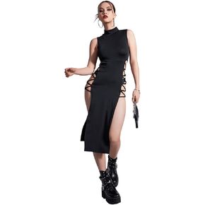 Verdusa Women's Crisscross عالية الانقسام الصخري عن الرقبة بلا أكمام Midi bodycon