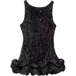 DINGANG Women's Y2K Bubble Mini Dress Sleeveless Ruched Ruffle Tiered Hem Mock Neck Backless Club Party Tank Short Dresses