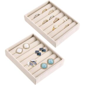 2pcs Ring Holder Display Small Ring Organizer for Jewelry Rings TrayRings Holder Display Tray Velvet Rings Earrings Insert Holders for Girl Store Selling or Home Show Storage Jewelry Box Drawer(Beige)