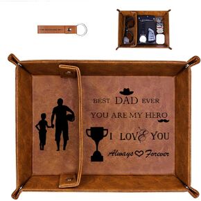 Best Dad Ever Gifts for Dad from Daughter Son, PU Leather Tray and Keychain for Dad, Father’s Day Gifts from Son, Unique Dad Birthday Christmas Gift