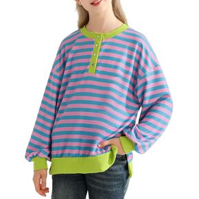 Girls Oversized Sweatshirt Kids Striped Color Block Shirt Long Sleeve Pullover Tops Fall Clothes 5-14 Years