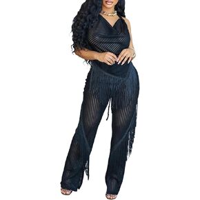 Uni Clau Woma's Sexy 2 Outfits Fringe Fringe Set Party Club Night Tassel Halter Tops Matching Lounge Lounge