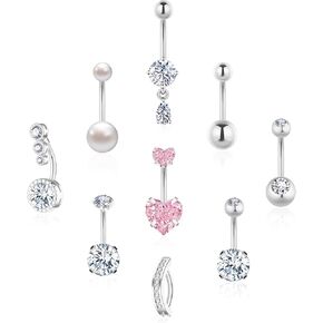 Gold Silver Belly Button Ring Surgical Stainless Steel Belly Rings for Women Pink Heart Clicker Pearl CZ Teardrop Dangle Navel Belly Button Piercing Jewelry