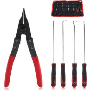 Swpeet 5Pcs Precision and Heavy Duty Lock Ring Plier Horseshoe Washer Pliers with Long Pick and Hook Tool Set, Pefect for Gear and Bearing Shafts Automobile Maintenance Tools