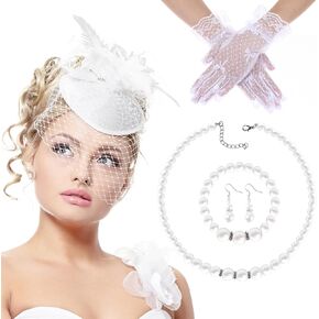 5Pcs Tea Party Fascinator Set for Women Headpiece Hat Fascinator Veil Gloves and Necklace Earrings for Women Bridal Wedding