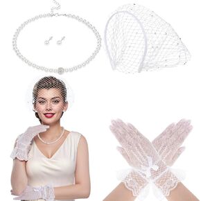 Mesh Veil Fascinator Headband 1920s Headpiece for Women Tea Party Fascinator Hats Gloves Pearl for Cocktail Party Halloween Wedding Bridal (US, Alpha, Medium, White)