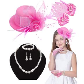 Mini Tea Party Hat Girl Fascinator with Pearl Necklace Earring Gloves Set for Girls Birthday Wedding 1920s Costume