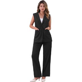 Allegra K Women's 2 Piece Set Business Casual Outfits Sleeveless Blazer and Wide Leg Dressy Pant Suits
