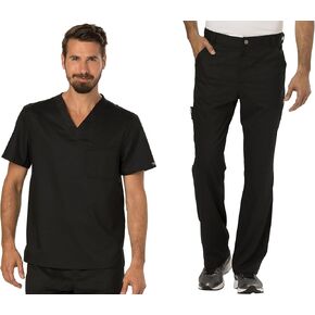 Men Scrubs Set Workwear Revolution WW690 Tuckable V-Neck Top & WW140 Fly Pront Pant ، Black- L Top/L Pant