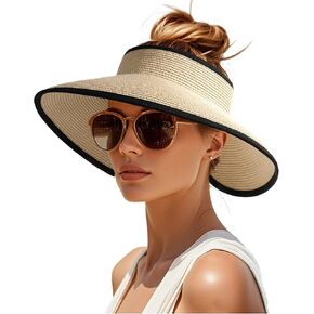 قبعات Womens Sun Visor Wide Brim Straw Beach Hat UV حماية ذيل حصان قابلة للعبارات