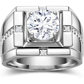 Mens Moissanite Ring 3 Carats Solitaire Moissanite Mens Wedding Ring Sterling Silver with 18K White Gold Plated D Color VVS1 Clarity Brilliant Round Cut Engagement Anniversary Jewelry for Men Size 7-13