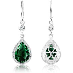 925 Sterling Silver Teardrop Dangle Earrings for Women, ALEXCRAFT Wedding Earring for Brides Emerald Green Bridal Leverback Cubic Zirconia Bridesmaid Dangling Drop Rhinestone Earings Hypoallergenic