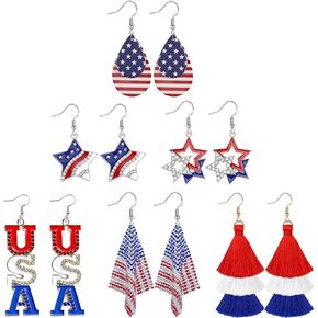 【6 Pairs】 4th of July Accessories for Women American Flag Earrings USA Drop Earrings Fourth 4th of July Outfits for Women Patriotic earring Party Favors Red White Blue Decorations