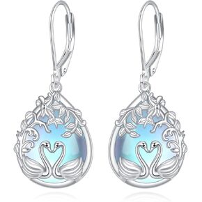Mermaid/Bunny/Swan/Peacock Moonstone Earrings 925 Sterling Silver Teardrop Dangle Hypoallergenic Leverback Earring for Women Mother Friends