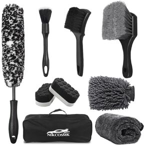 9Pcs Car Wheel & Tire Brush Kit, Wheel Cleaner Brush, Soft-bristled Rim Brush, Car Drying Towel (36"x 24"), Tire Shine Applicator Pad, Car Wash Mitt, Car Detailing Cleaning Wash Brush Supplies Kit