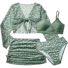 SHENHE Girl's Swimsuits 4 Piece Floral Bikini Set Bathing Suit with Mesh Coverup Kimono and Skirt