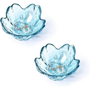 Koythin 2-Piece Glass Jewelry Tray, Mini Ring Dish for Necklace Earring Bracelet, Cute Trinket Tray for Engagement Vanity Bathroom, Crystal Floral Aesthetic Room Decor for Women Girl Mom (Light Pink)