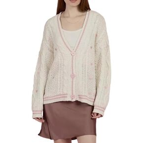 Women Knit Lover Cardigan V Neck Knitted Sweatshirt Hearts Embroidery Cute Sweaters Pink Oversized Button Down Outwear Lvory