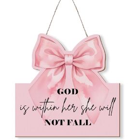 MOTERMATE Christian God is Within Her She Will Not Fall Sign Decor, Girly Preppy Coquette Pink Bow Front Porch Door Decor, Christian Bible Verse Scripture Wall Hanging Decor for Home Dorm, 12x12 Inch