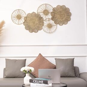 PEMAR Set 5 Natural Seagrass Wall Décor Wicker Flowers & Wheels Woven on Metal Frame, Rustic Boho Wall Pediment, Beautiful Art for Home, Apartment, Living Room Decoration