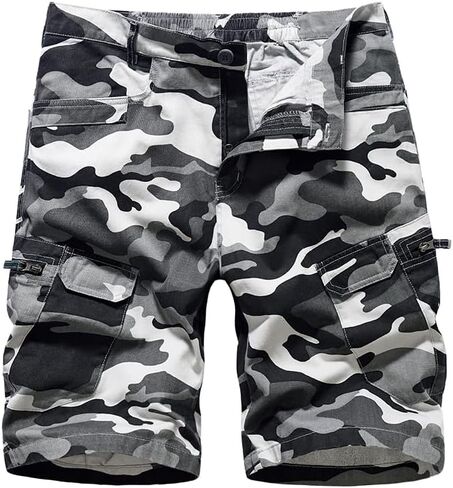 Keevoom Mens Cargo Shorts Camo Casual Relaxed Fit Linen Summer Shorts with Pockets Elastic Waist Beach Hiking Short Pants in Kuwait
