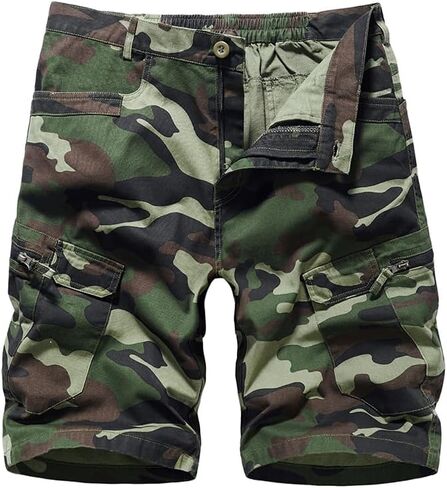 Keevoom Mens Cargo Shorts Camo Casual Relaxed Fit Linen Summer Shorts with Pockets Elastic Waist Beach Hiking Short Pants in Kuwait