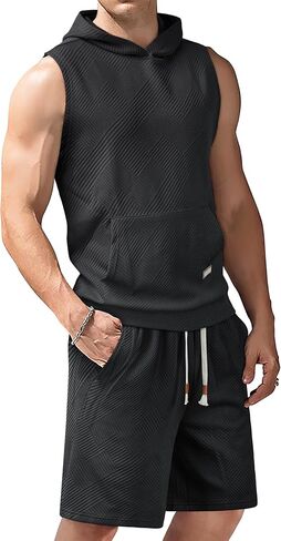 Derminpro Men's 2 Piece Outfits Summer Hooded Sleeveless Vest and Drawstring Casual Track Shorts Set in Kuwait