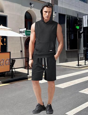 Derminpro Men's 2 Piece Outfits Summer Hooded Sleeveless Vest and Drawstring Casual Track Shorts Set in Kuwait