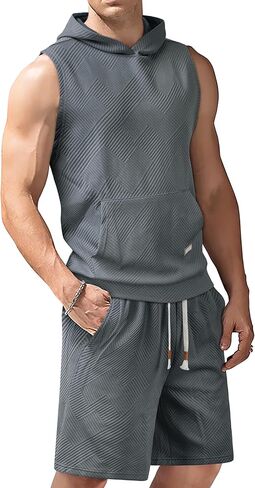 Derminpro Men's 2 Piece Outfits Summer Hooded Sleeveless Vest and Drawstring Casual Track Shorts Set in Kuwait
