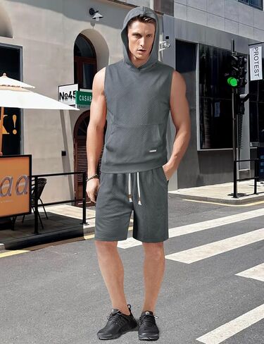 Derminpro Men's 2 Piece Outfits Summer Hooded Sleeveless Vest and Drawstring Casual Track Shorts Set in Kuwait
