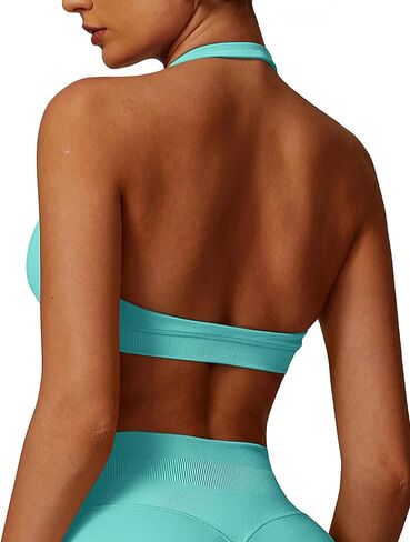 Women Seamless Halter Sports Bras Padded Low Impact Workout Gym Yoga Bra Running Crop Tank Tops with Removable Cups in Kuwait
