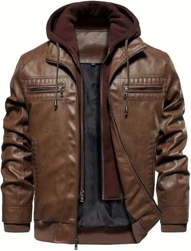 FTIMILD Mens Leather Jacket Leather Motorcycle Jacket with Removable Hood Waterproof Bomber Jackets Multiple Pockets in Kuwait