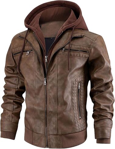 FTIMILD Mens Leather Jacket Leather Motorcycle Jacket with Removable Hood Waterproof Bomber Jackets Multiple Pockets in Kuwait