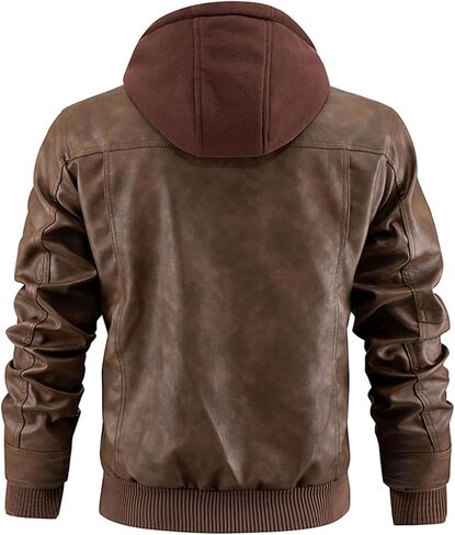 FTIMILD Mens Leather Jacket Leather Motorcycle Jacket with Removable Hood Waterproof Bomber Jackets Multiple Pockets in Kuwait