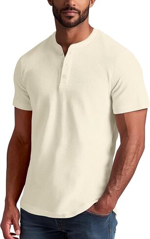 Zengjo Henley Shirts for Men Short Sleeve Waffle-Knit Casual 3 Button T-Shirt Regular-Fit in Saudi Arabia