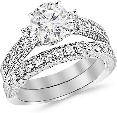 14K White Gold 1.53 CTW Round Cut Three Stone Vintage With Milgrain & Filigree Bridal Set with Wedding Band & Diamond in Saudi Arabia