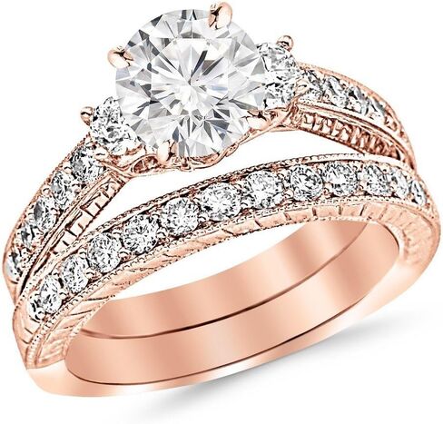 14K White Gold 1.53 CTW Round Cut Three Stone Vintage With Milgrain & Filigree Bridal Set with Wedding Band & Diamond in Saudi Arabia
