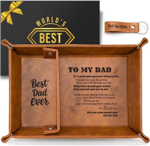 Best Dad Ever Gifts for Dad from Daughter Son – PU Leather Valet Tray and Keychain Set,Intimate Birthday Christmas Dad Gifts for Men,Husband or New Dad(Brown) in Saudi Arabia