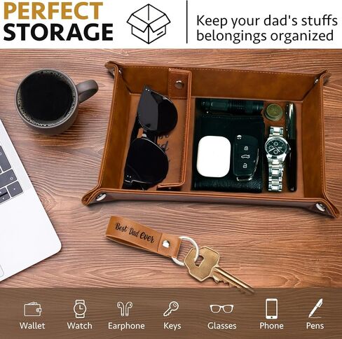 Best Dad Ever Gifts for Dad from Daughter Son – PU Leather Valet Tray and Keychain Set,Intimate Birthday Christmas Dad Gifts for Men,Husband or New Dad(Brown) in Saudi Arabia
