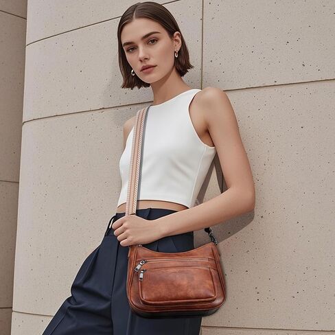 Crossbody Bags for Women Leather Purse Trendy Multi Pocket Shoulder Handbags with Adjustable Guitar Strap in Kuwait