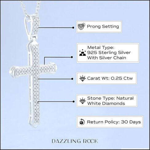 Dazzlingrock Collection 0.25 Carat (ctw) Round Diamond Classic Faith Charm Cross Unisex Pendant with 18 inch Chain in 925 Sterling Silver in Saudi Arabia