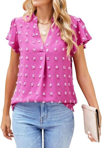 MIRALUNA Womens Tops Dressy Casual Blouses Summer Chiffon Tops Short Sleeve Blouses V Neck Dressy Swiss Dot Tops for Women in Saudi Arabia