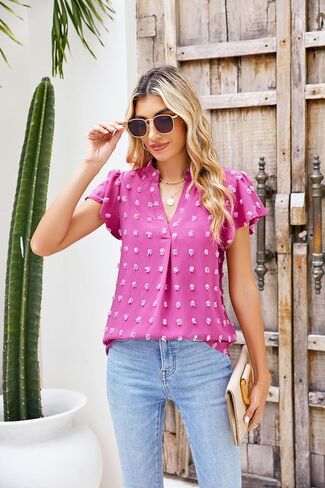 MIRALUNA Womens Tops Dressy Casual Blouses Summer Chiffon Tops Short Sleeve Blouses V Neck Dressy Swiss Dot Tops for Women in Saudi Arabia