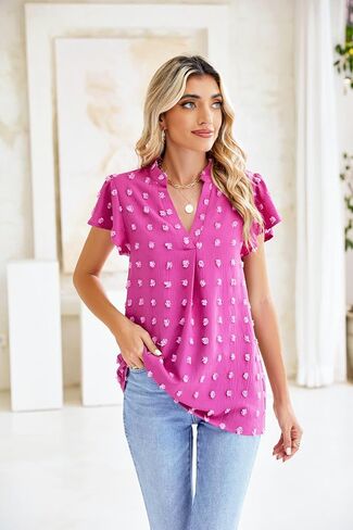 MIRALUNA Womens Tops Dressy Casual Blouses Summer Chiffon Tops Short Sleeve Blouses V Neck Dressy Swiss Dot Tops for Women in Saudi Arabia